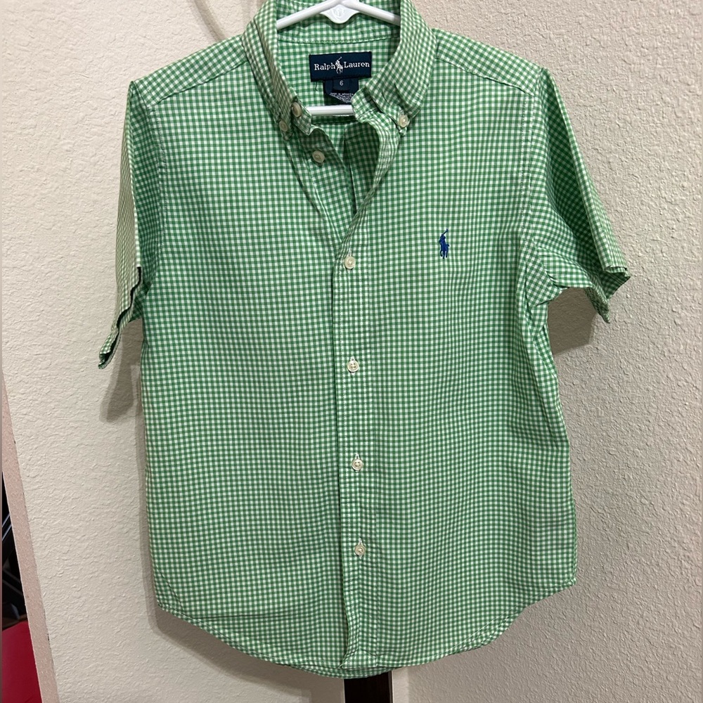 Youth Ralph Lauren Button-Down, Size 6 Short Sleeve, Green and White Plaid.